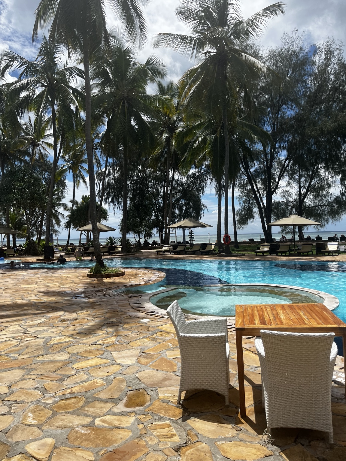 Pool, palms and ocean at Blue Bay Resort Zanzibar