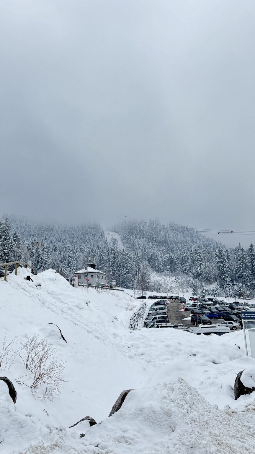 Snow-covered approach to Eibsee Lake and Zugspitze