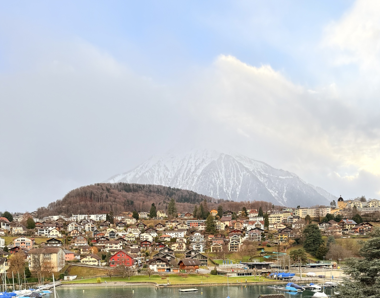 Spiez beneath snowy mountains, photographed by Libby