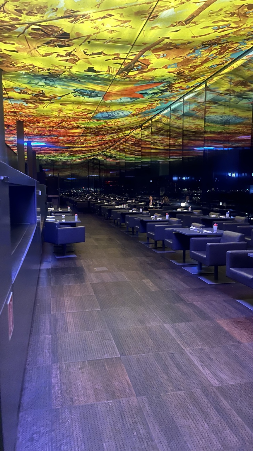 Das LOFT dining room with its colourful glass ceiling