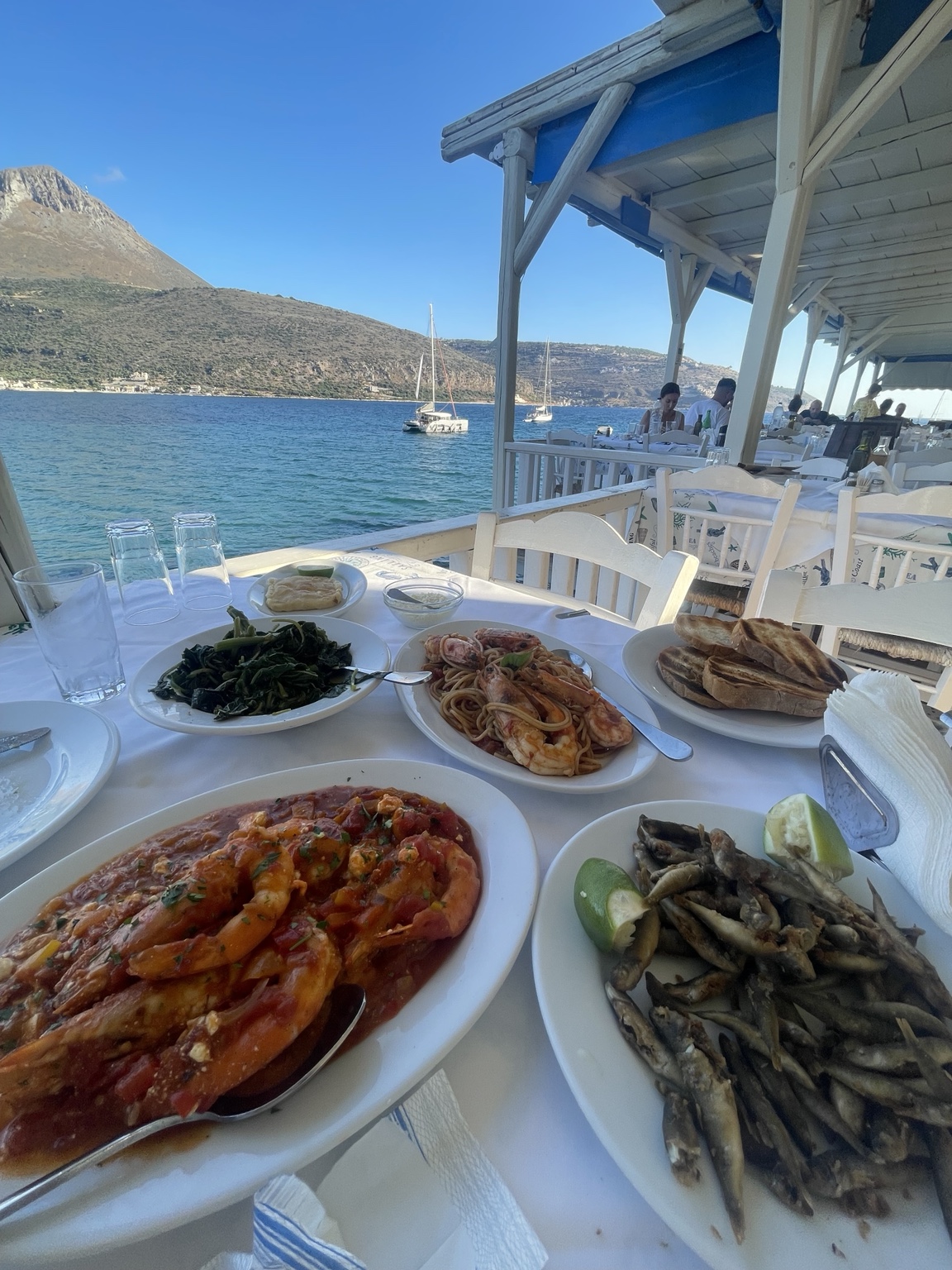Seafood dishes on the table beside the water at To Mikro Algeri in Mani